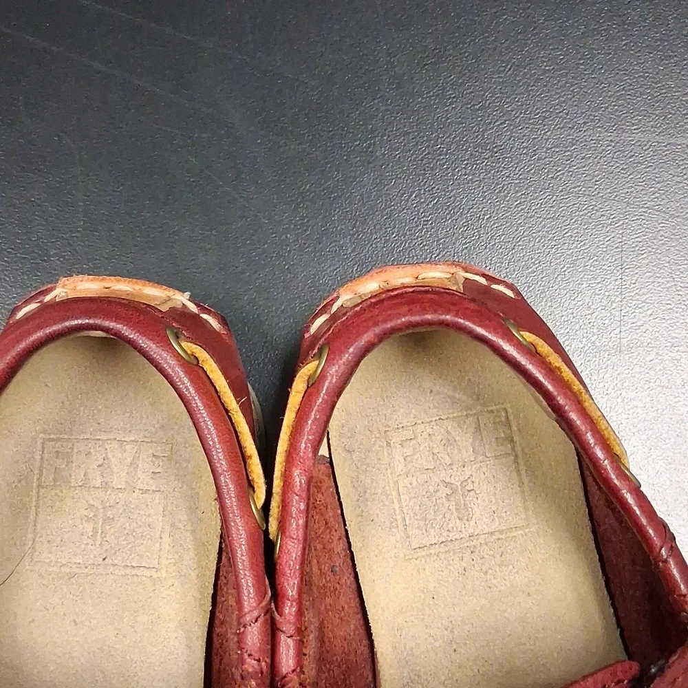 Frye Mahogany Brown Leather Sully Boat Moccasin Shoes Boys Size 9 Hook & Loop